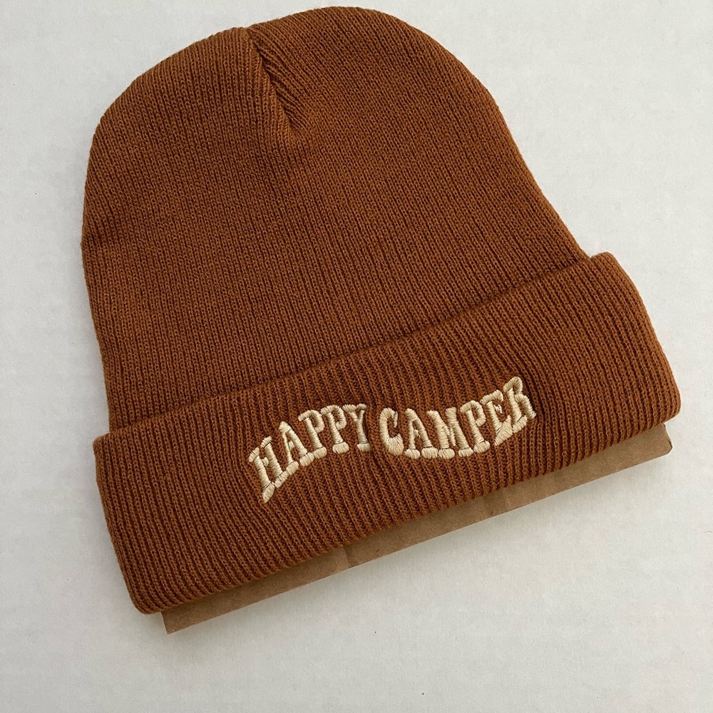 Brown Knit Beanie with Embroidered Text